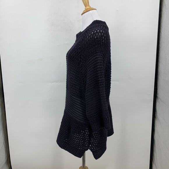 Moth Open Knit Tunic Sweater Womens L Navy Pullover 3/4 Sleeves High Crew Neck - Picture 4 of 11